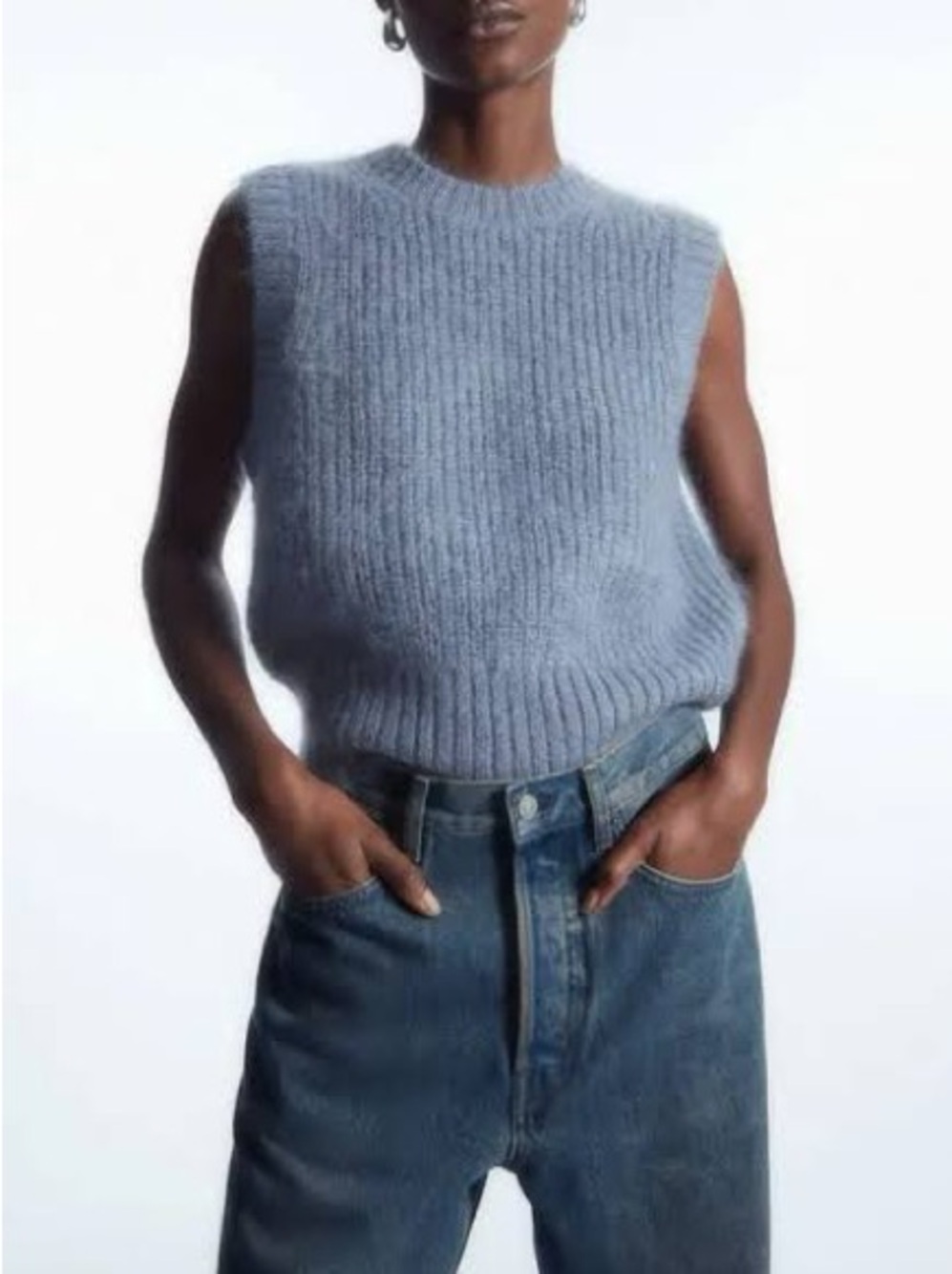 New COS Mohair Light Blue Ribbed Crewneck Cropped Sweater Vest, M